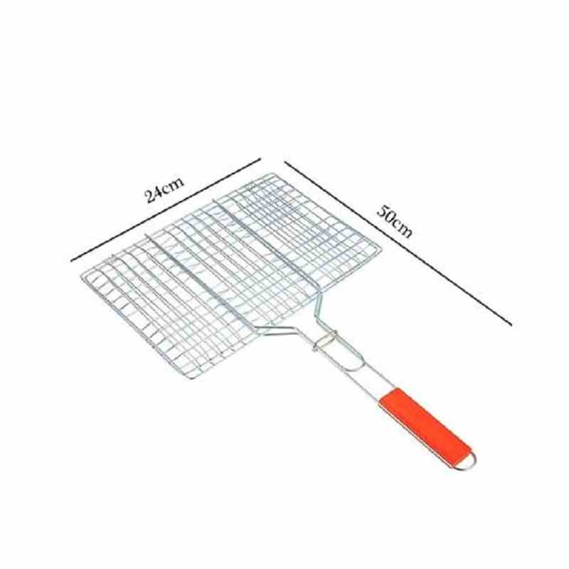 Chrome Plated Barbecue Grill Net Basket + Wood Handle Small (24 x 50CM)