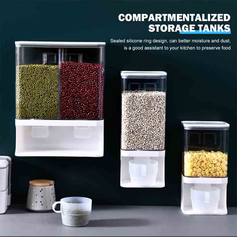 Dry Food Dispenser Wall Mounted - 1/2-Grid Large Rice Storage Box Whole Grains Container Bin, Space Saving for Kitchen Home