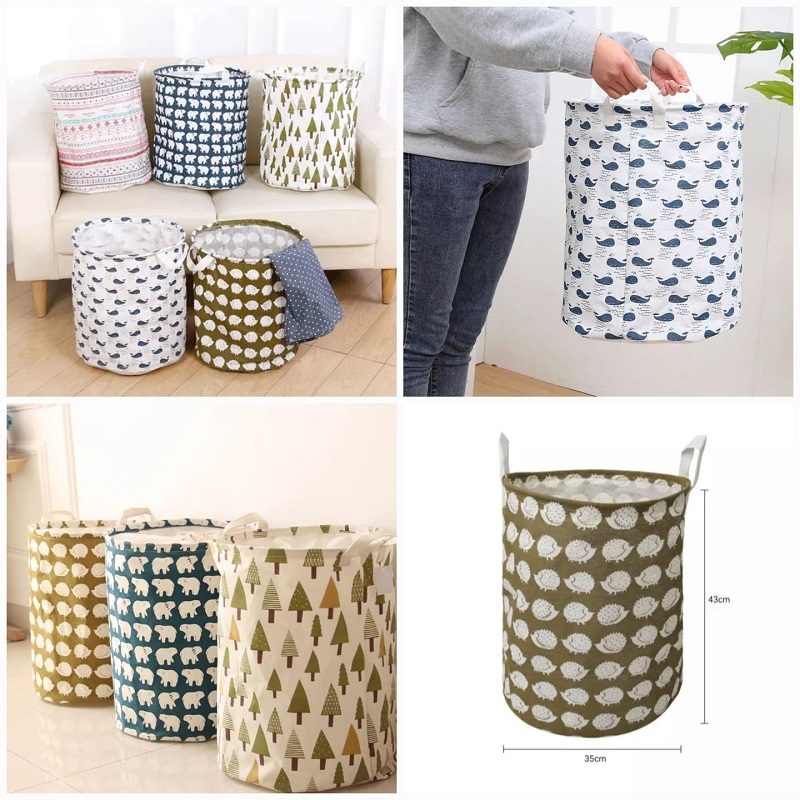 Pack of 2 Cotton Linen Dirty Laundry Basket Waterproof  Foldable Round