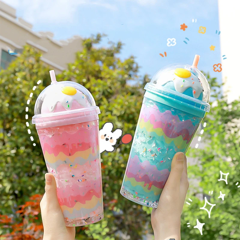 SUMMER ICE CREAM CUP LARGE DOUBLE LAYER WATER BOTTLE