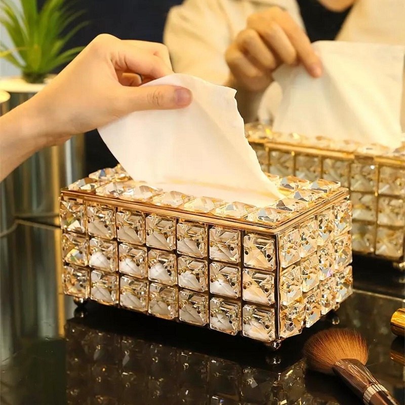 Fancy Golden Tissue Box luxury Crystal Stones Box For Vanity Dresser Table Home Decor (Gold)