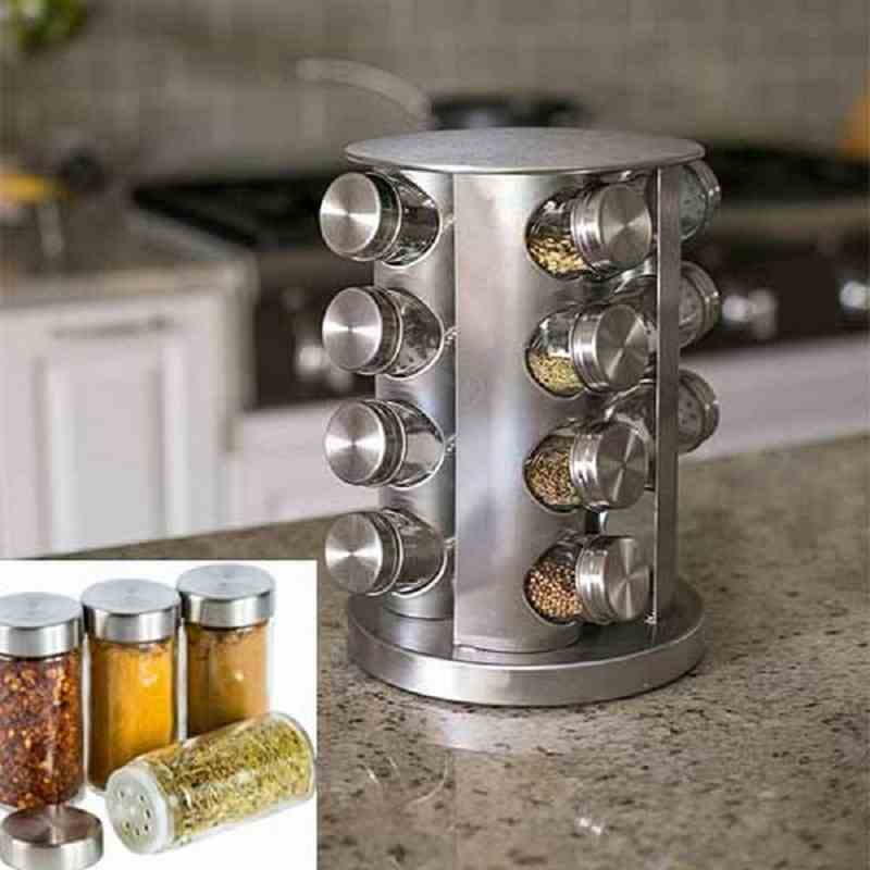 16 Jar Rotating Kitchen Spice Rack Carousel Organizer (Silver)