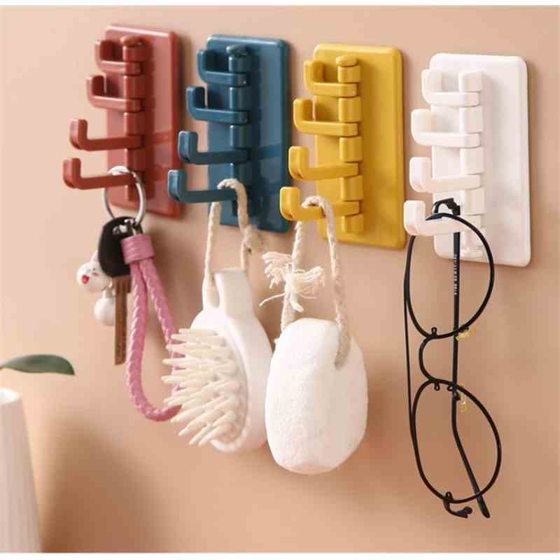 Wall-Mounted Rotating Hook Plastic Adhesive Key Holder Wall 4 Hooks